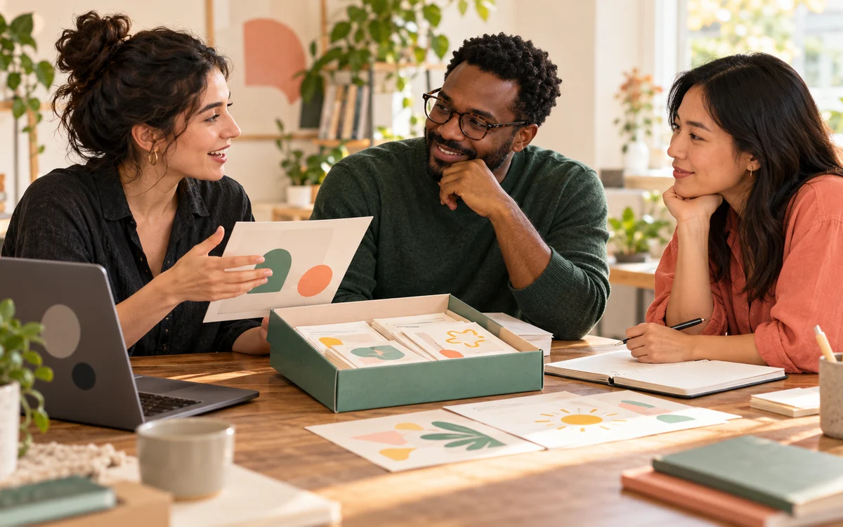 A founder and two prospective customers reviewing a useful sample at a studio table.