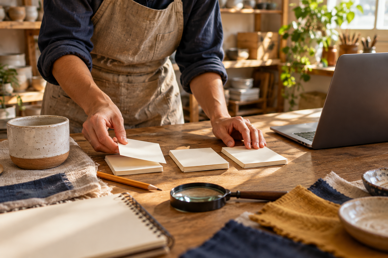 A maker sorts blank question cards beside a notebook, magnifying glass and laptop.