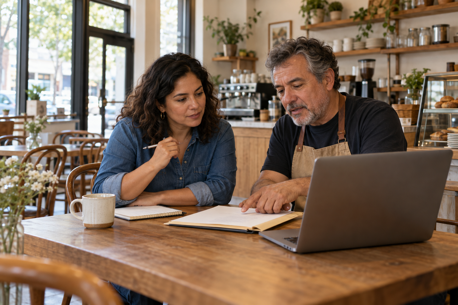 A consultant and small-business owner review a simple pilot project at a cafe table.