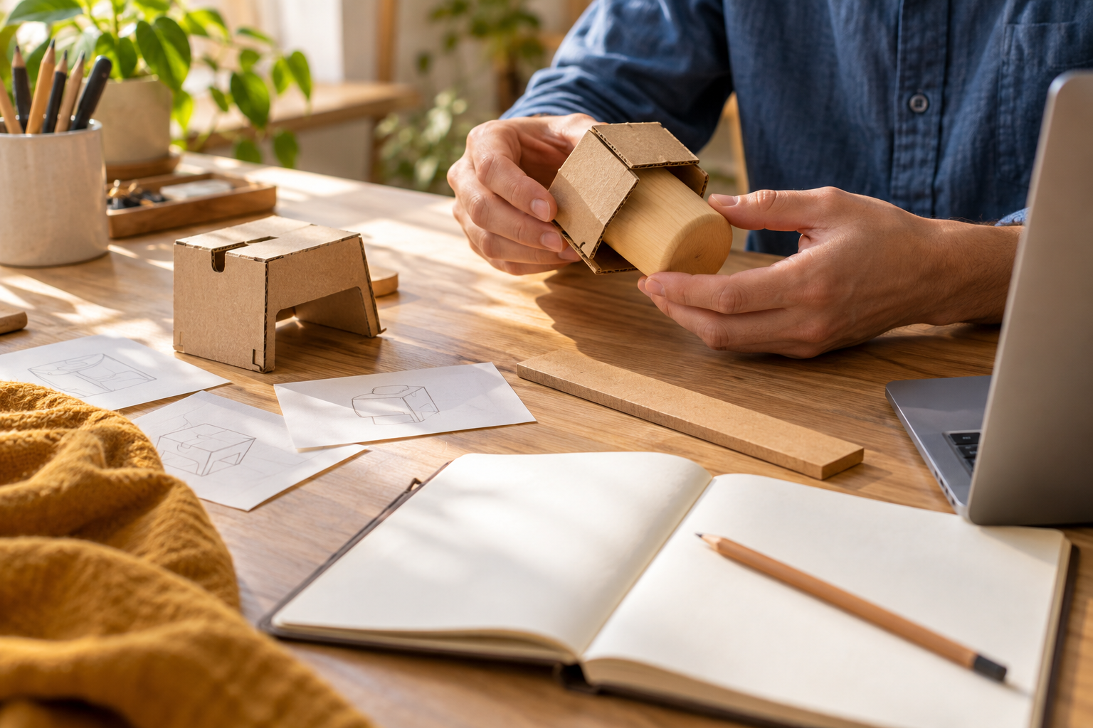 A maker compares two small cardboard prototypes on a bright workbench before choosing what to test.