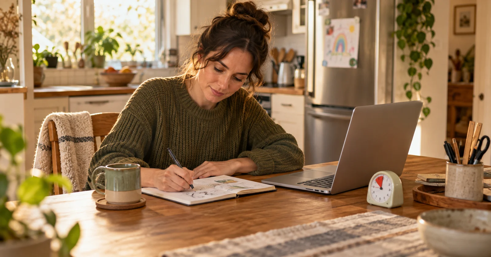 Illustrative scene of a woman planning a small side hustle at her kitchen table.