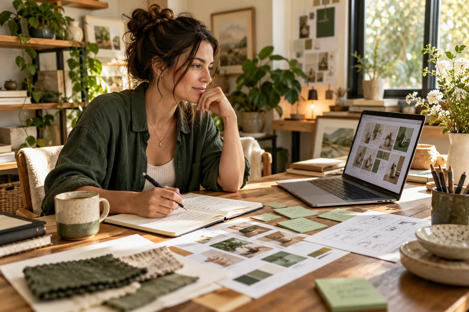 An independent creator reviewing a prototype and planning a small business experiment at her desk.